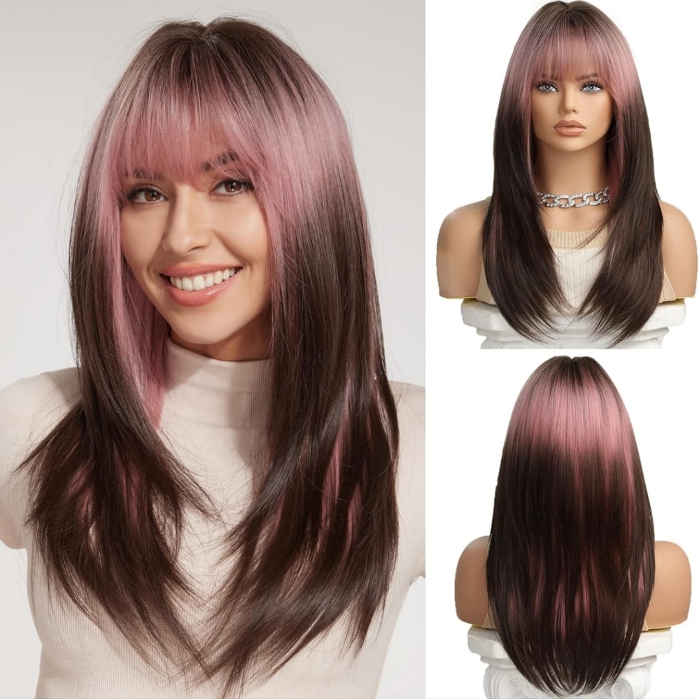 Pink Brown Ombre Wig with Bangs